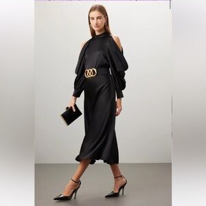 Arias New York Mock Neck Cold Shoulder Satin Midi Gown Black Size 0 Midi Holiday